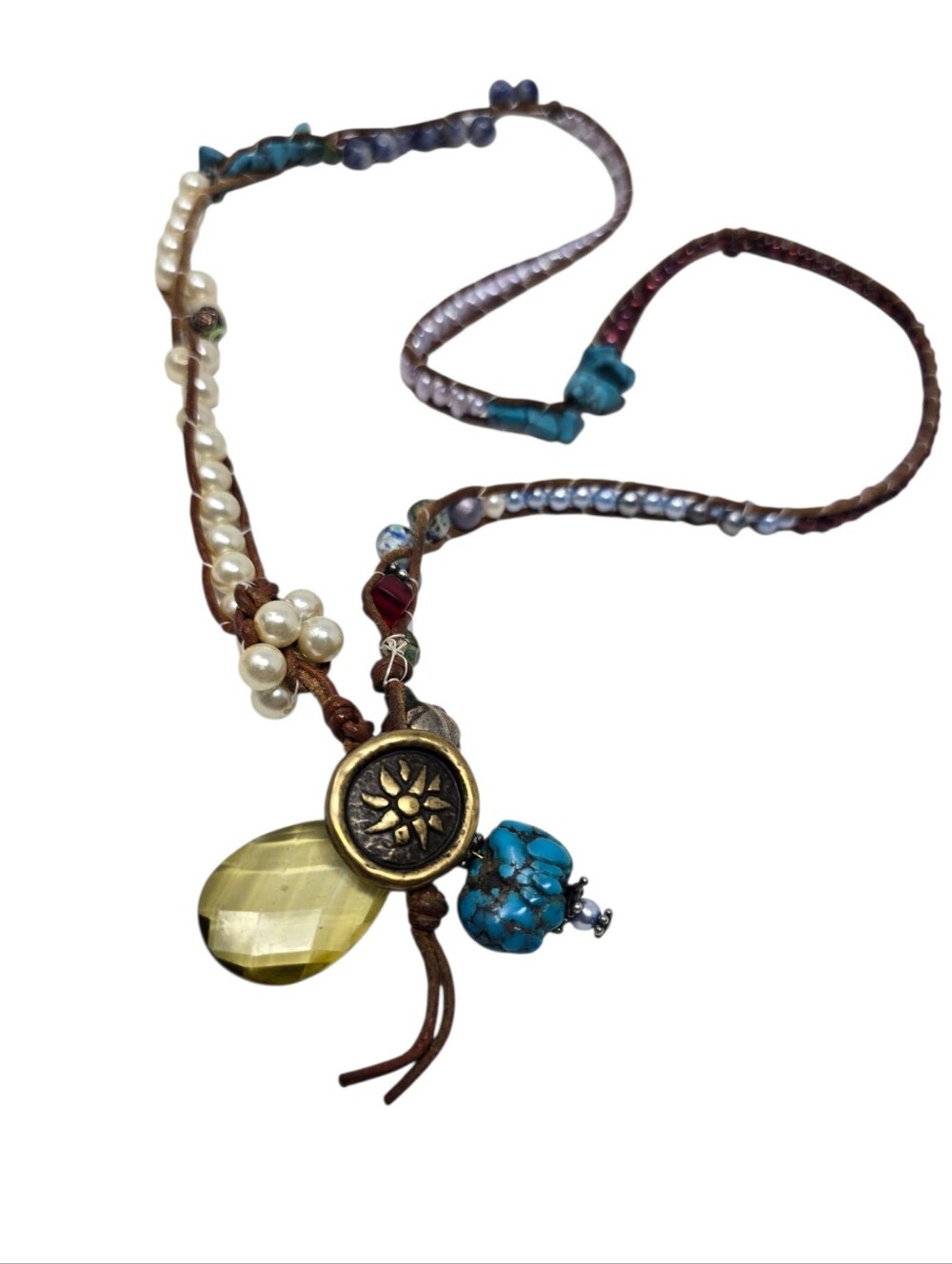 Convertible Boho Wrap Bracelet Necklace With Faux Pearls & Turquoise